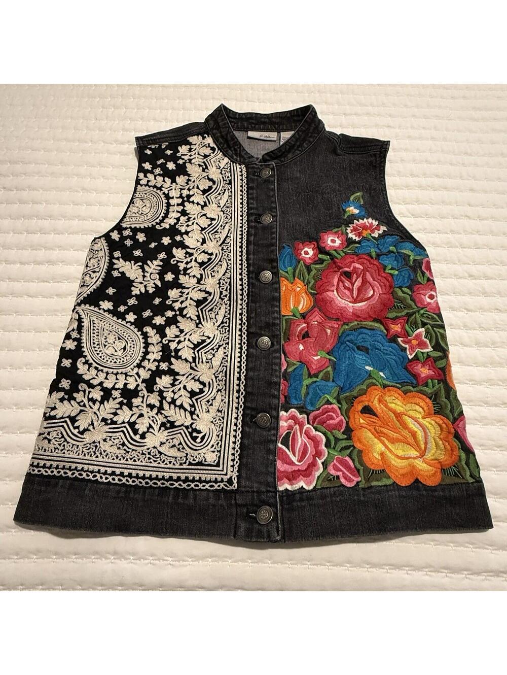 Chico’s Embroidered Black Denim Vest Sz 1 - Medium M Colorful Floral Flowers